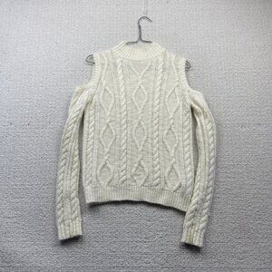 Guess Chunky Cable Knit Sweater Aran Fisherman White Cut-Out Shoulder Wom Size S